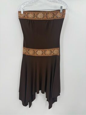 Taboo Brown Strapless Handkerchief Hem Boho Dress Embroidered Trim Women’s Large